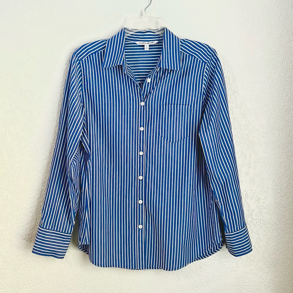 Elizabeth and James Blue White Stripes Cotton Long sleeves Button Shirt Tops M